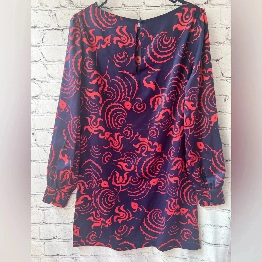 Rachel Roy Navy Blue Red Design Long Sleeve Mini Dress Sabrina Neck Size Medium - Picture 8 of 12